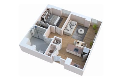 Architectural floor plan of a one-bedroom unit