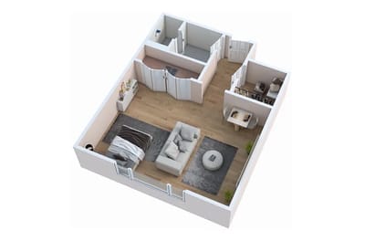 A floor plan of a resident room with furniture layout