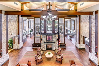 Spacious common area with fireplace and seating