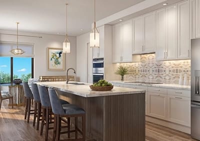 Modern kitchen interior with bar seating and natural light