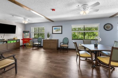 Bright common area with seating and natural light
