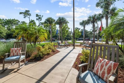 Outdoor seating area with palm trees and bright landscaping
