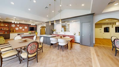 Bright, modern common area with seating and decor