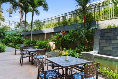 Outdoor seating area surrounded by lush greenery