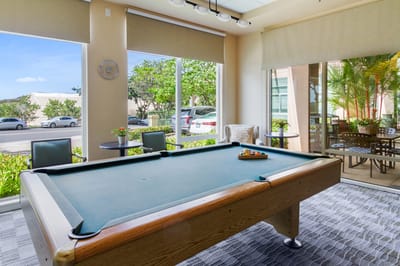 Interior view of a pool table with outdoor visibility