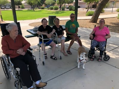Residents enjoying time outdoors with a dog.