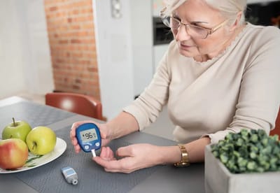 Senior woman monitoring blood sugar levels at home