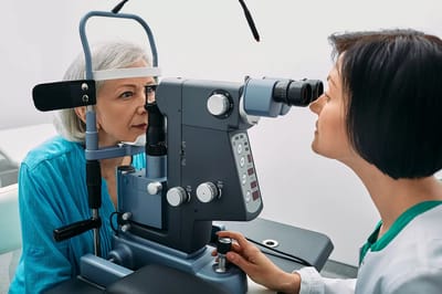 Eye examination in progress with a resident and staff member.