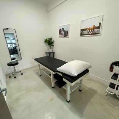 Physical therapy room with a treatment table and decor.