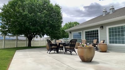 Patio area with seating and planters