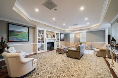 Cozy common area with comfortable seating and art