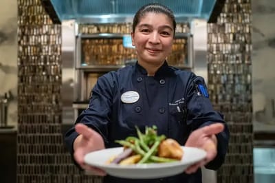 A chef presenting a beautifully plated dish