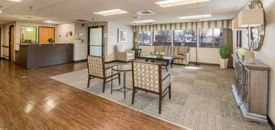 Well-decorated common area in a senior living facility