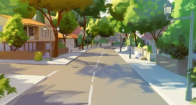 Painted street view with trees and houses