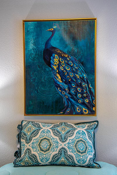 Peacock painting with decorative pillow