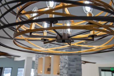 Close-up of an artistic chandelier in a lobby