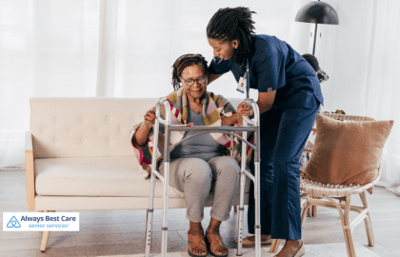 Always Best Care Senior Services, nursing home in Kernersville, NC — Caregiver assisting senior woman with walker indoors