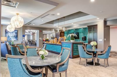 Bright common area with modern furniture and decor