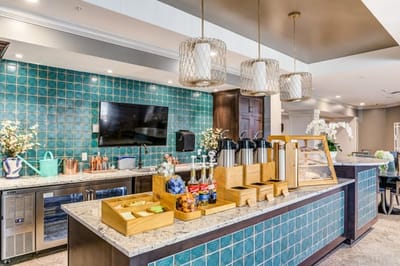 Bright dining area with food service and decor