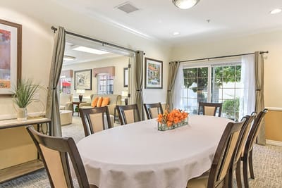 Dining room with table and floral centerpiece