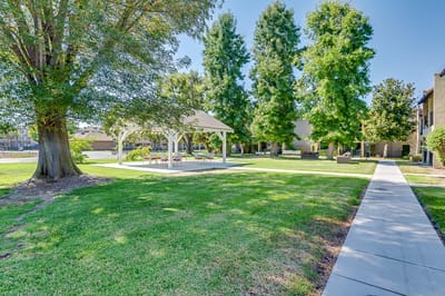 Outdoor space with a sheltered seating area and green lawn
