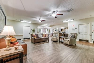 Bright common area with seating and decor