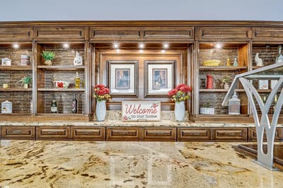 Common area with decorations and signage