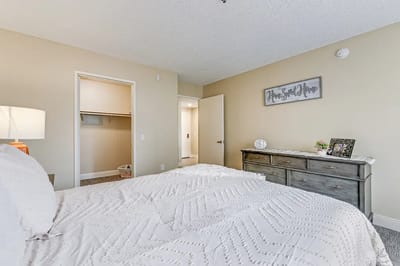 Brightly lit bedroom with minimal decor and closet
