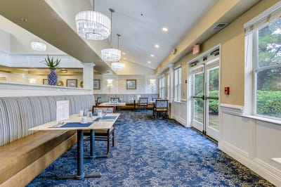 Interior view of a dining area with seating