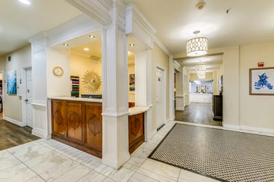 Interior view of a lobby area with reception.