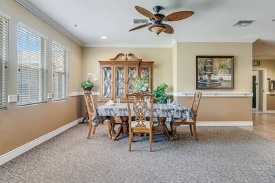 Dining area with elegant table setup and decor