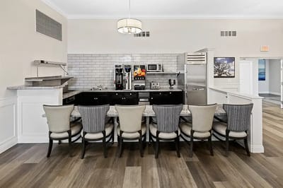 Modern interior kitchen area with seating