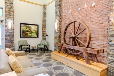 Well-decorated common area with rustic decor