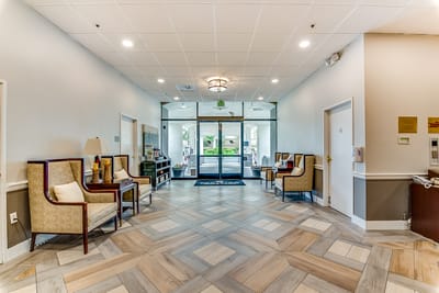 Bright interior lobby with seating area