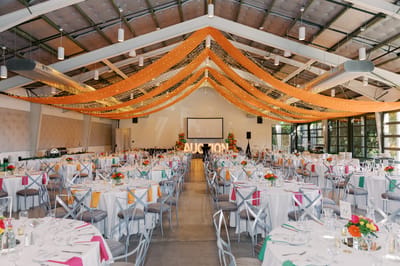 Interior of a dining area set up for an event