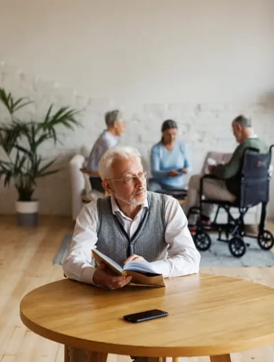 Senior man reading a book in a common area
