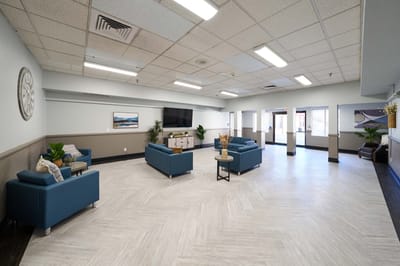 Bright and spacious common area with seating