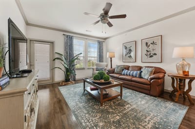 Comfortable common area with a leather sofa and decor