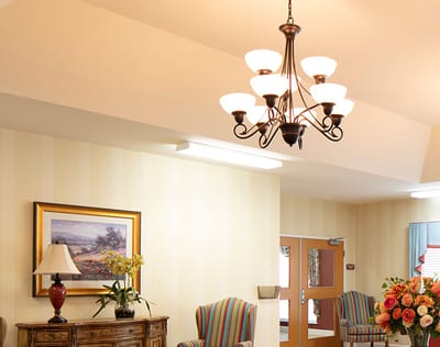 Bright common area with seating and decorations