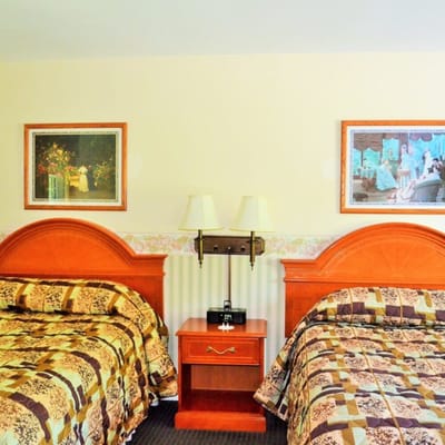 Cozy guest room with two beds and decorative art