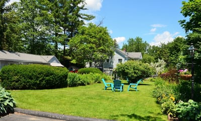 A peaceful outdoor garden with seating area