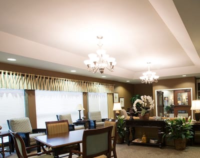 Bright common area with seating and plants