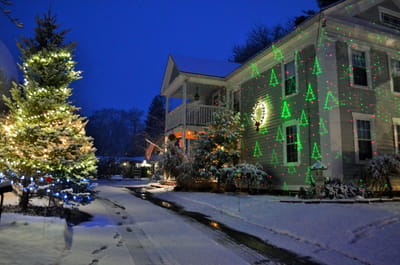 Exterior view of a building decorated for winter holidays