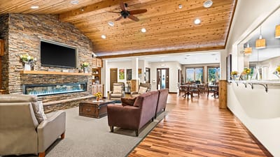 Cozy common area with comfortable seating and fireplace