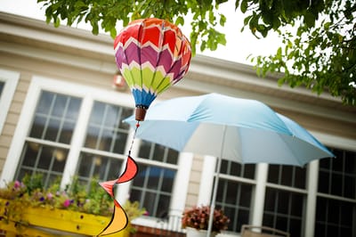 Colorful hot air balloon decoration in a garden