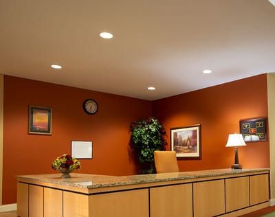 Reception area with a desk and decor