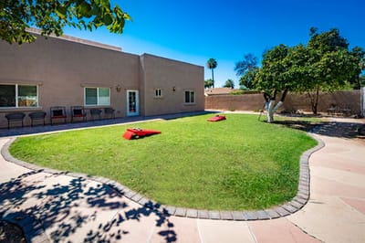 A landscaped outdoor space with lawn and seating