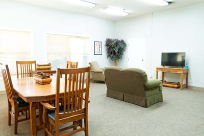 Interior view of a cozy communal area with furniture