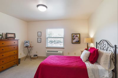 Cozy private bedroom setup with a red bedspread