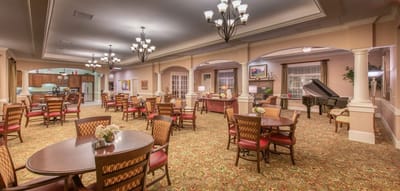 Interior view of a bright common area with seating